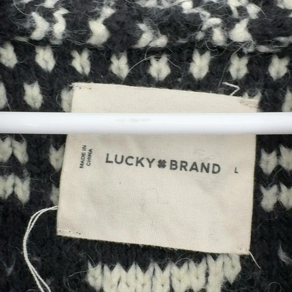 Lucky Brand Cardigan Mens L Black Wool Blend Fair Isle Shawl Collar Boho Style